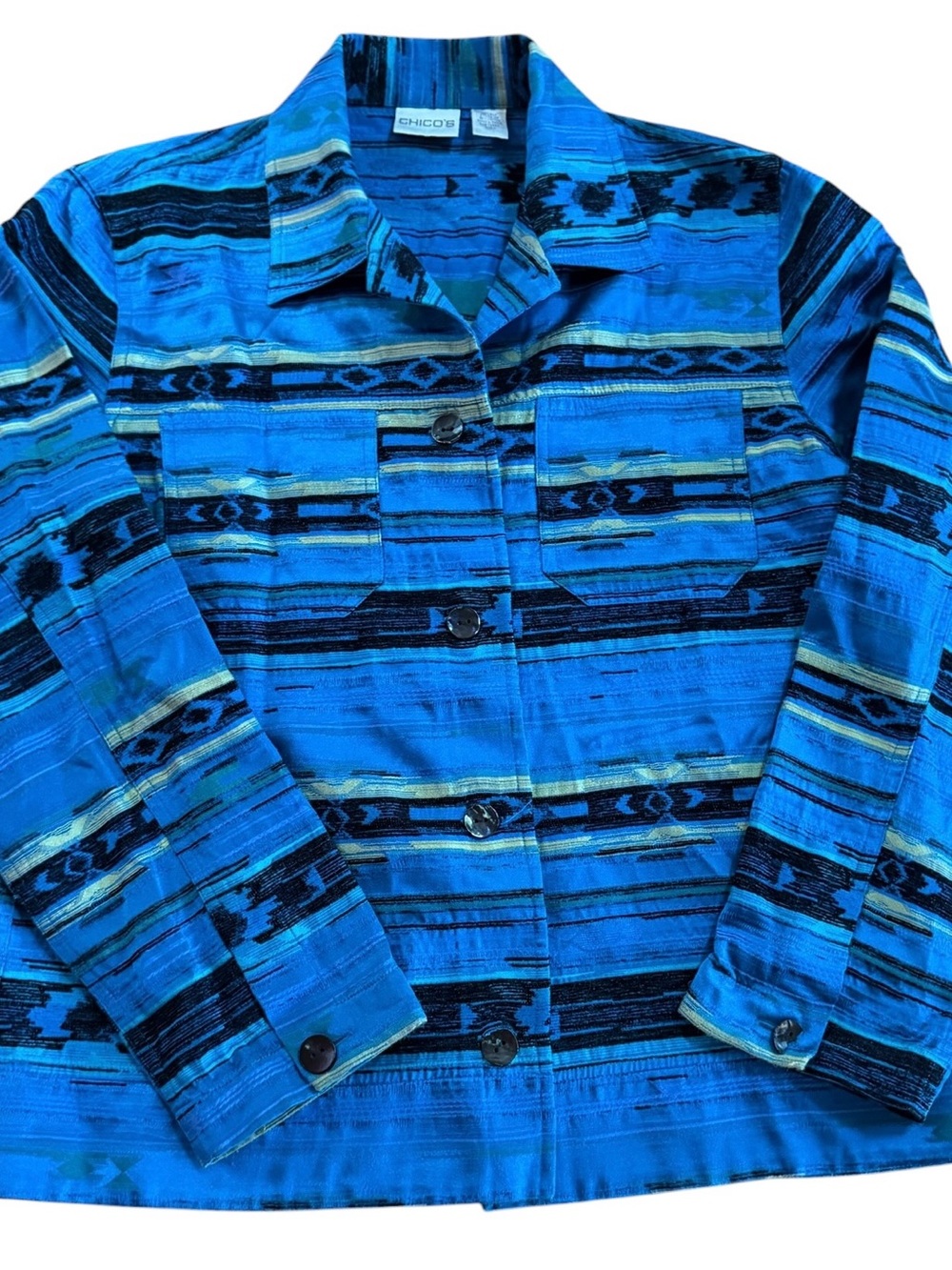 Chico's Southwest Bright Blue Patterned Button Front Jacket